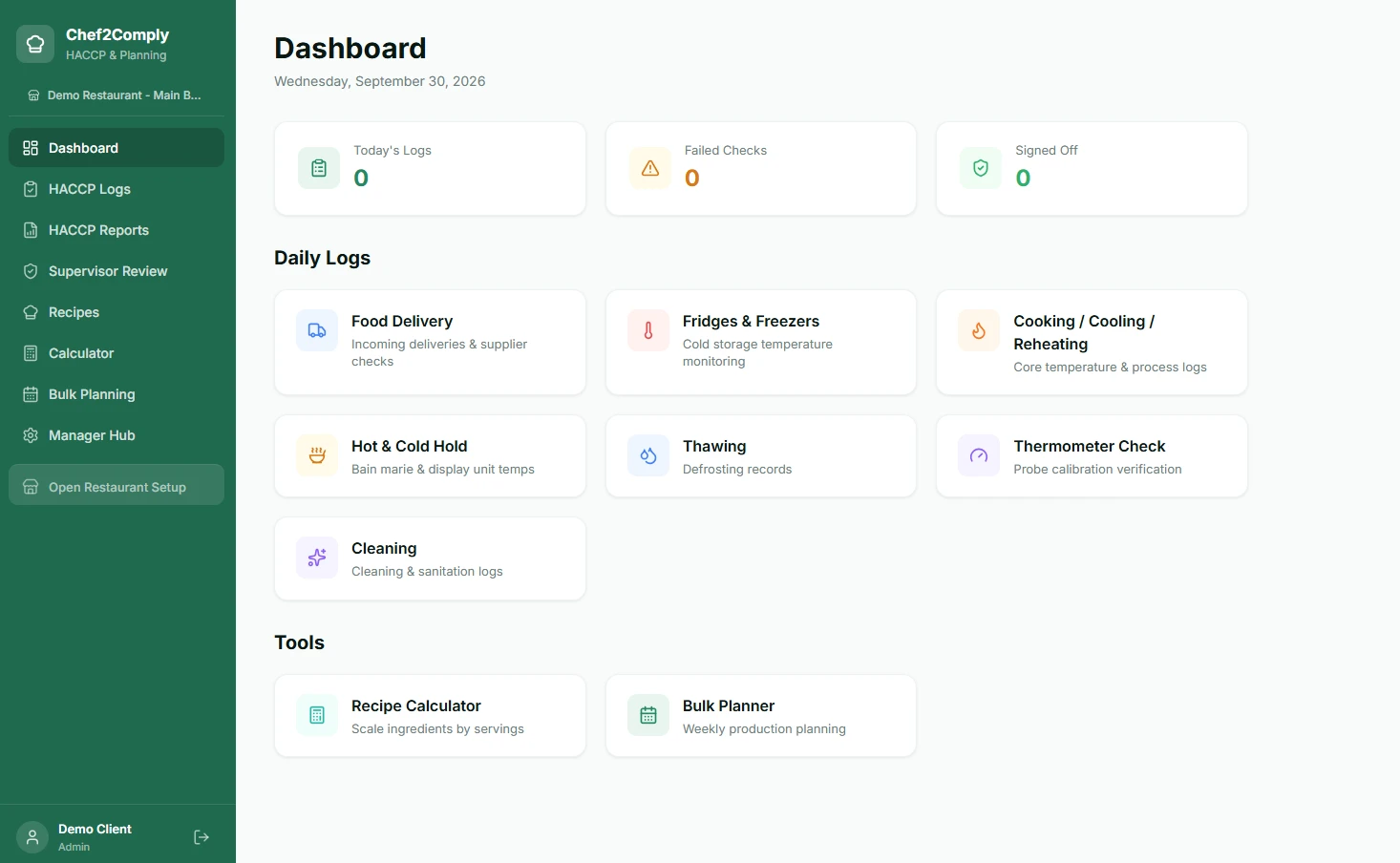 HACCP food safety software dashboard with daily logs for deliveries, fridges, cooking, hot hold, thawing and cleaning